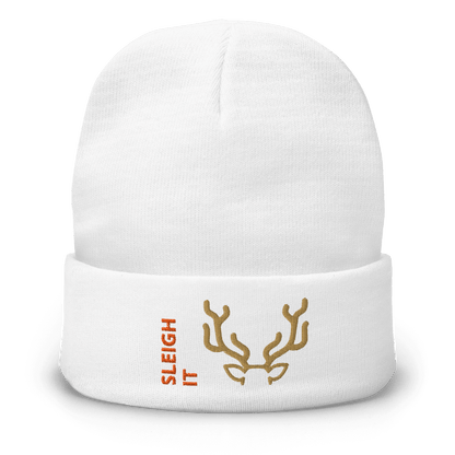 Embroidered Beanie – Cozy Personalized Winter Hat with reindeer antlers and "SLEIGH IT" text