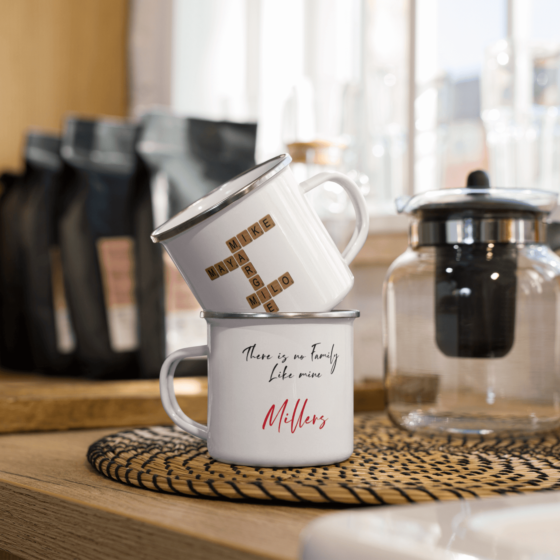 Custom Family Mug – Personalized Crossword Enamel Cup for Gifting displayed in a cozy kitchen setting.