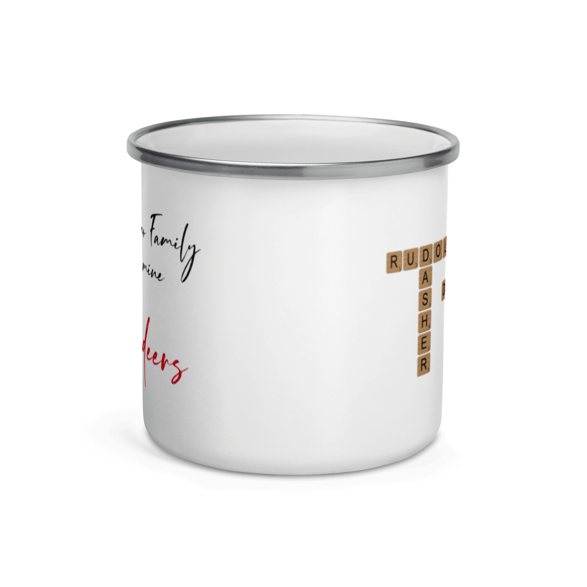Custom Family Mug – Personalized Crossword Enamel Cup for Gifting featuring family names and a playful title.