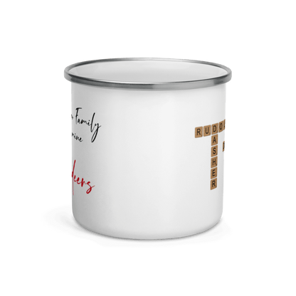 Custom Family Mug – Personalized Crossword Enamel Cup for Gifting featuring family names and a playful title.