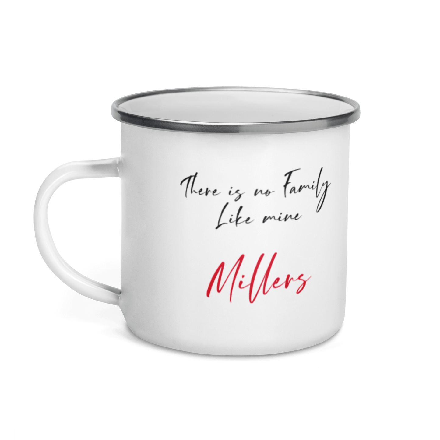 Custom Family Mug – Personalized Crossword Enamel Cup for Gifting featuring the phrase 'There is no Family Like mine - Millers'