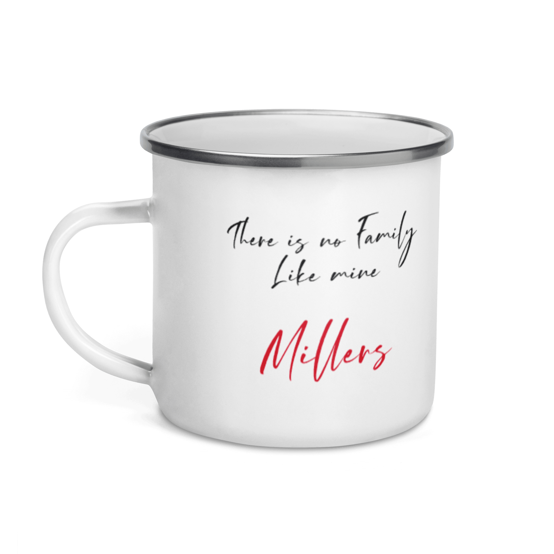 Custom Family Mug – Personalized Crossword Enamel Cup for Gifting featuring the phrase 'There is no Family Like mine - Millers'