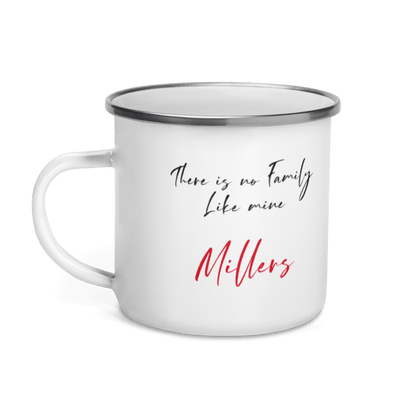 Custom Family Mug – Personalized Crossword Enamel Cup for Gifting featuring the phrase 'There is no Family Like mine - Millers'