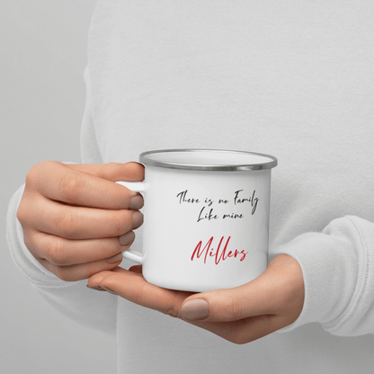 Custom Family Mug – Personalized Crossword Enamel Cup for Gifting held in a person's hand with a custom family name.