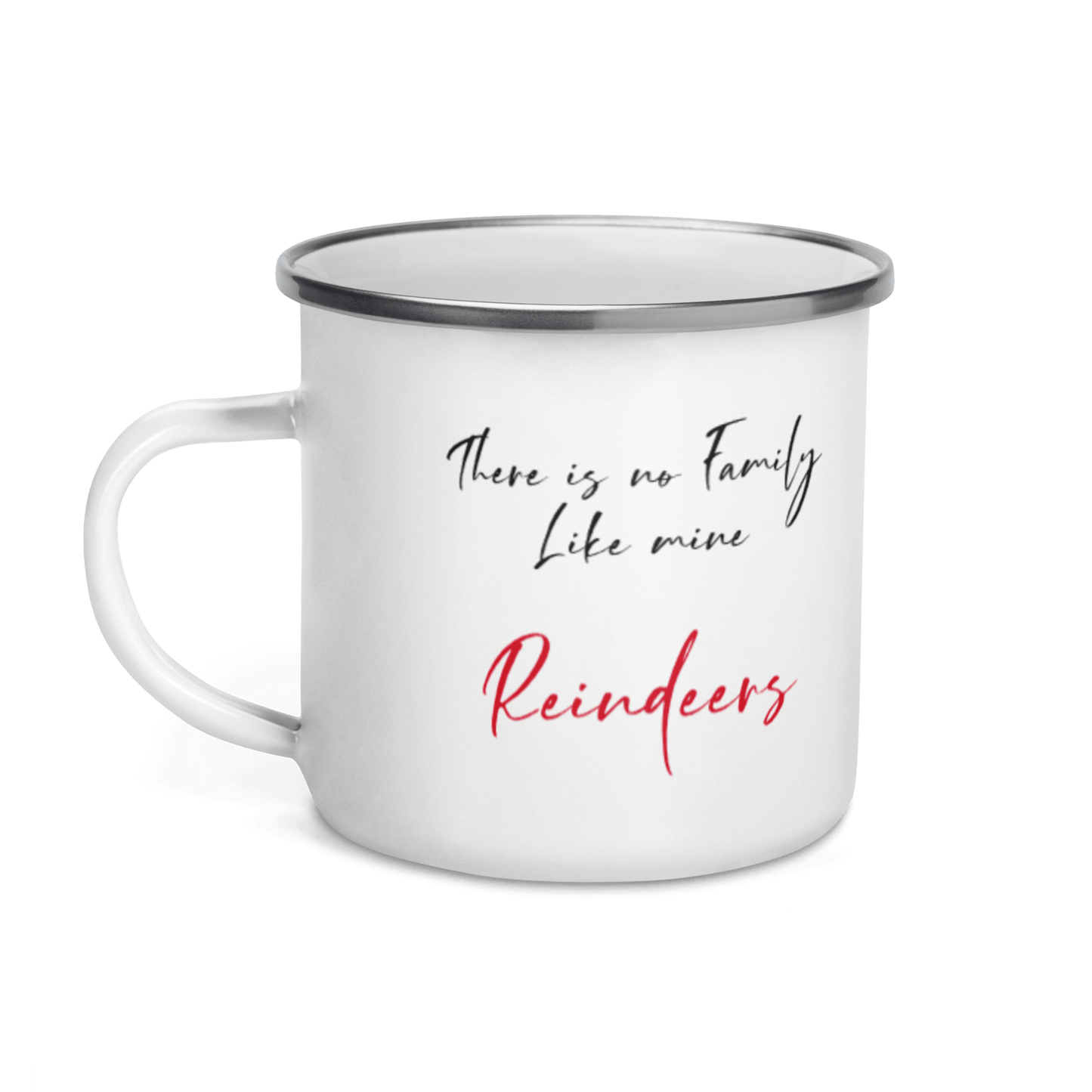 Custom Family Mug – Personalized Crossword Enamel Cup for Gifting featuring the quote 'There is no Family Like mine Reindeers'.