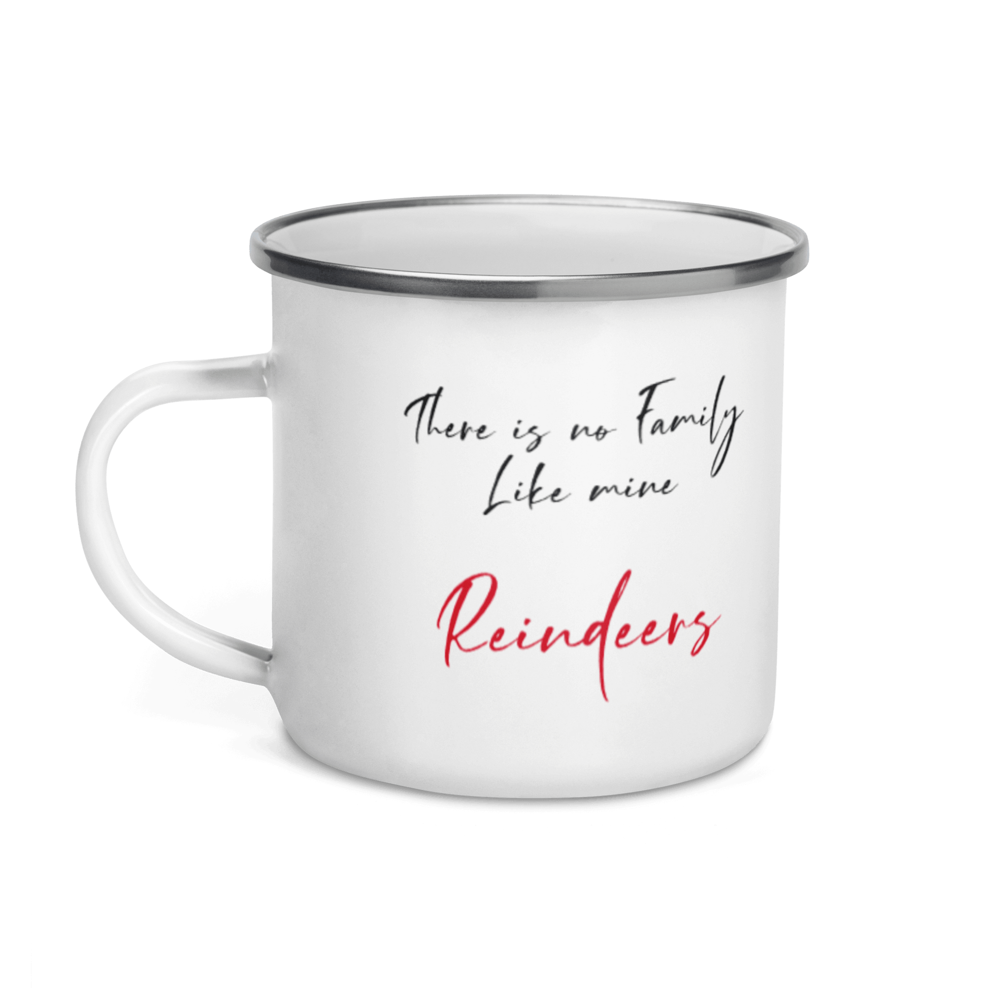 Custom Family Mug – Personalized Crossword Enamel Cup for Gifting featuring the quote 'There is no Family Like mine Reindeers'.