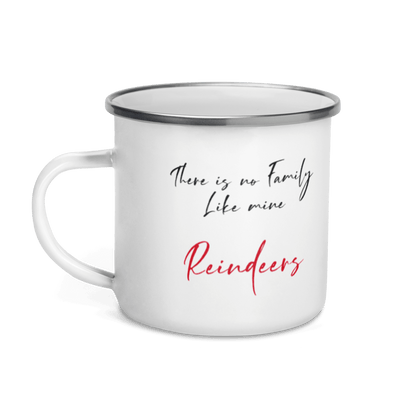 Custom Family Mug – Personalized Crossword Enamel Cup for Gifting featuring the quote 'There is no Family Like mine Reindeers'.