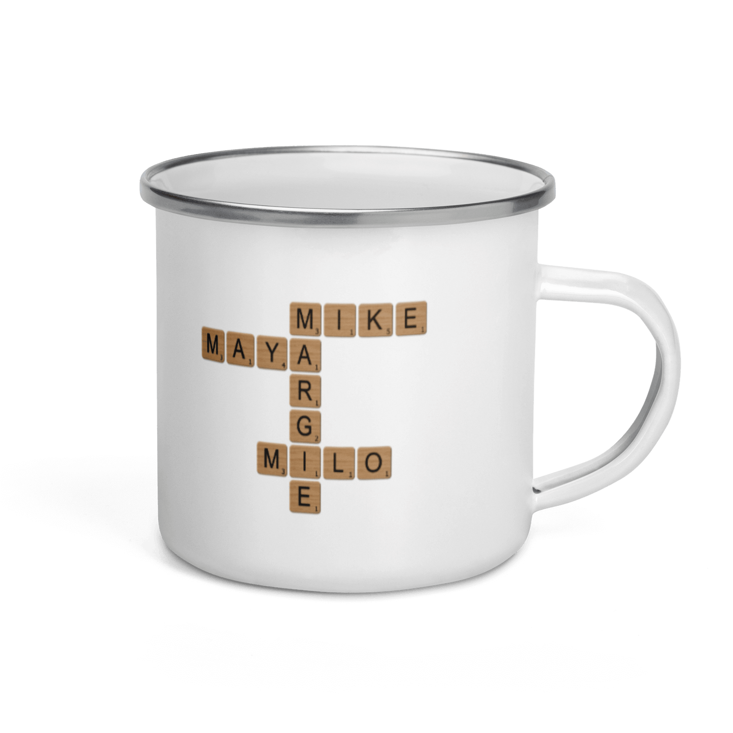 Custom Family Mug – Personalized Crossword Enamel Cup for Gifting with names May, Mike, Margie, Milo.