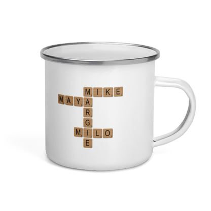 Custom Family Mug – Personalized Crossword Enamel Cup for Gifting with names May, Mike, Margie, Milo.