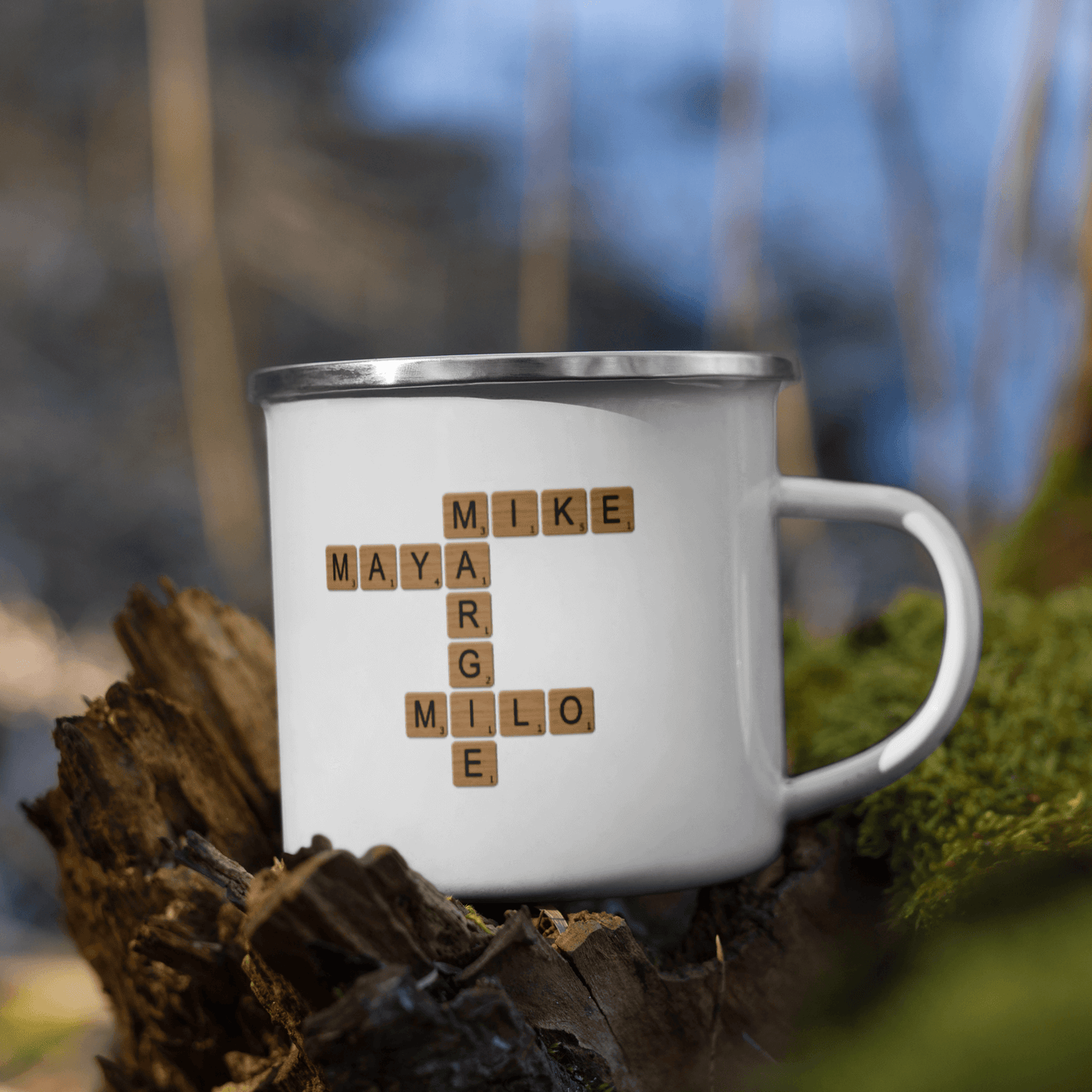 Custom Family Mug – Personalized Crossword Enamel Cup for Gifting featuring family names arranged in a crossword design.
