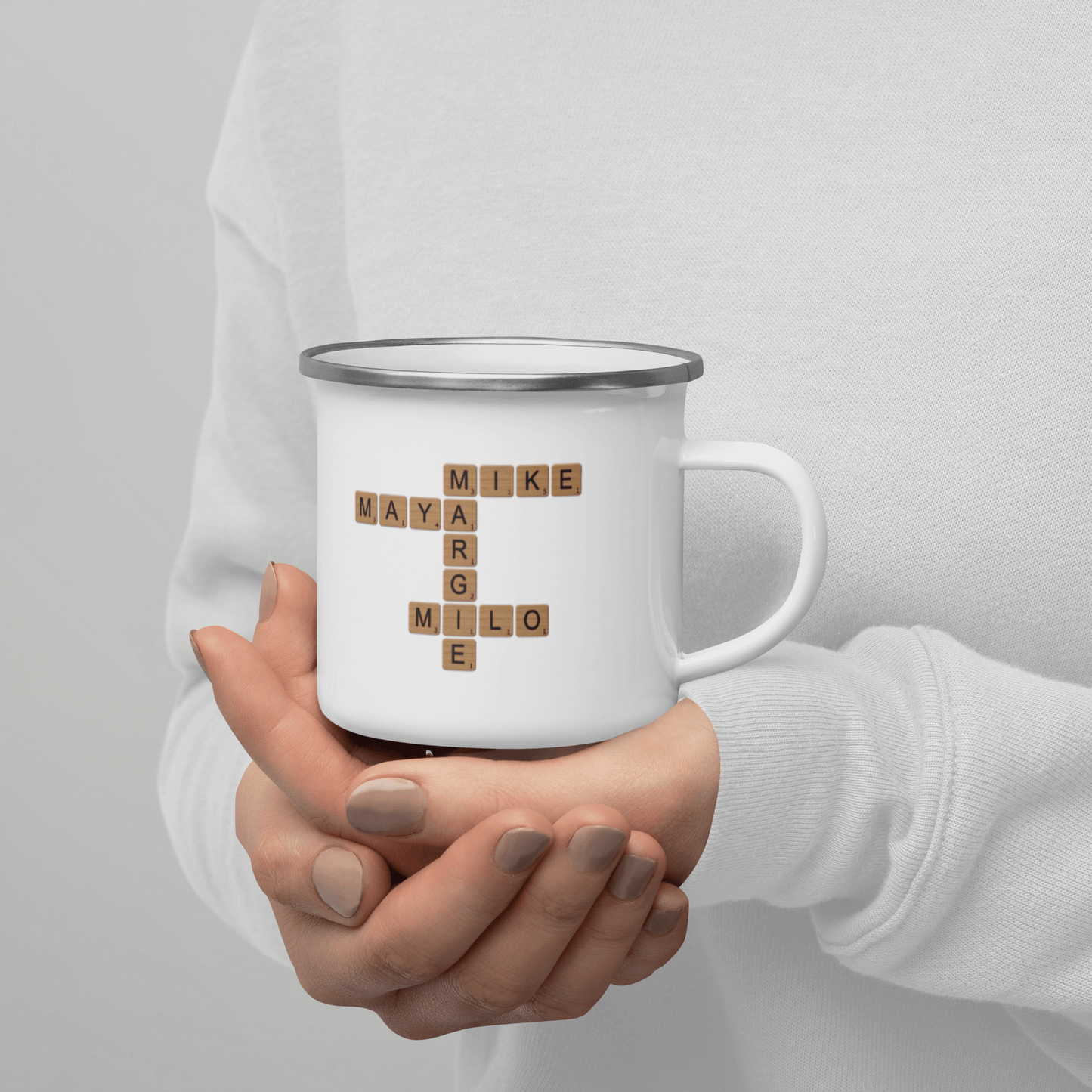 Custom Family Mug – Personalized Crossword Enamel Cup for Gifting with family names on display.