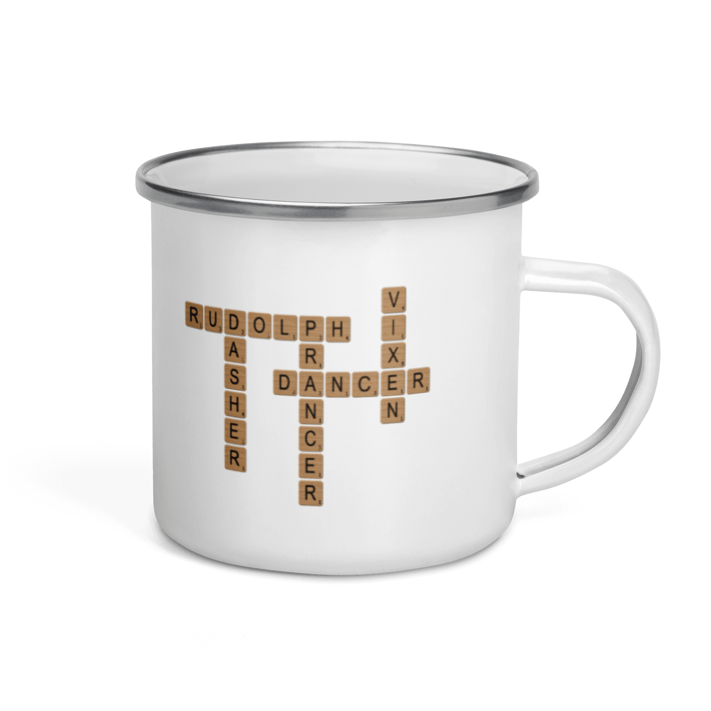 Custom Family Mug – Personalized Crossword Enamel Cup for Gifting with family names in a crossword layout.