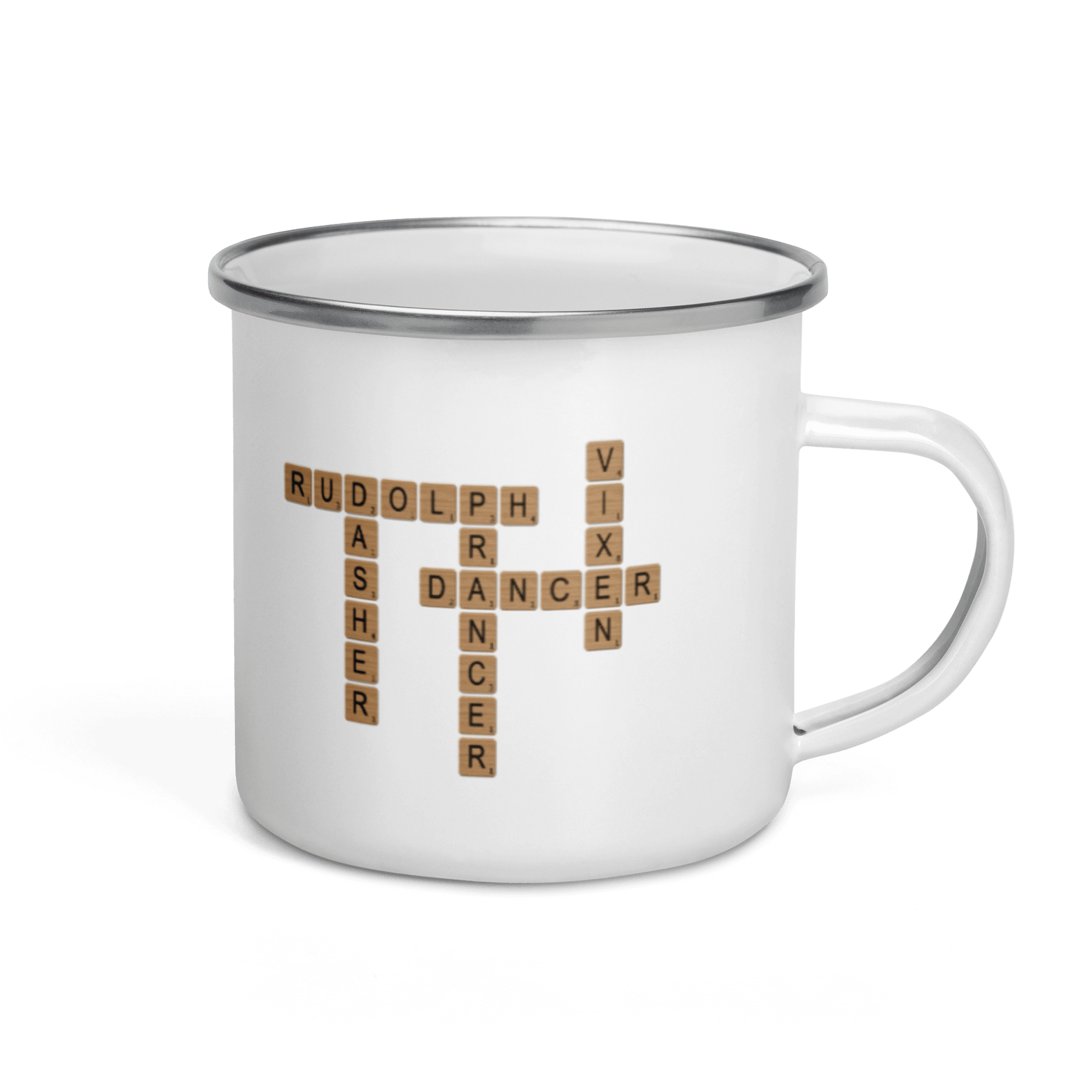 Custom Family Mug – Personalized Crossword Enamel Cup for Gifting with family names in a crossword layout.