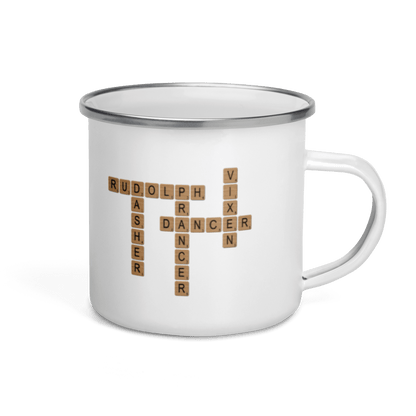 Custom Family Mug – Personalized Crossword Enamel Cup for Gifting with family names in a crossword layout.