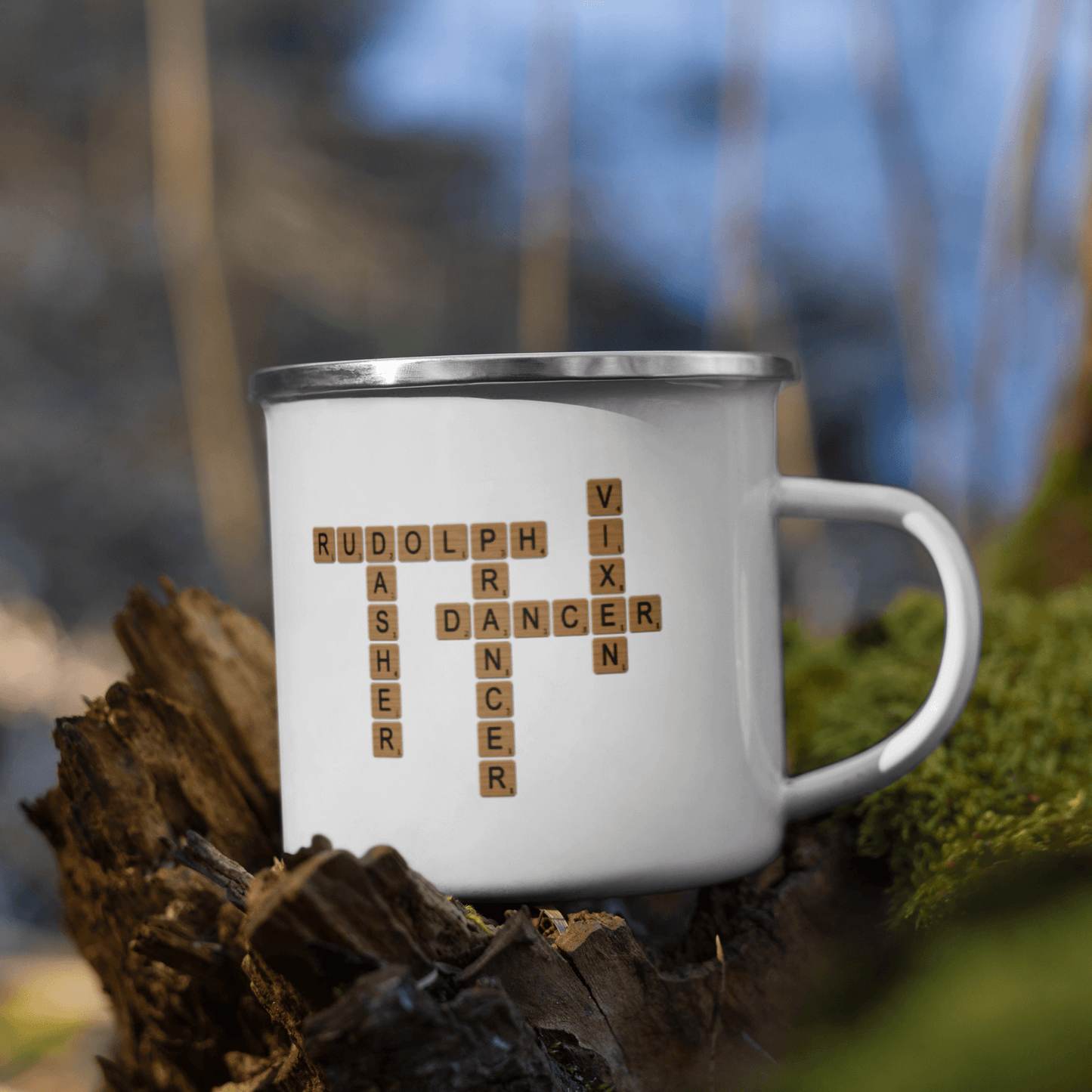 Custom Family Mug – Personalized Crossword Enamel Cup for Gifting featuring names in a playful design.