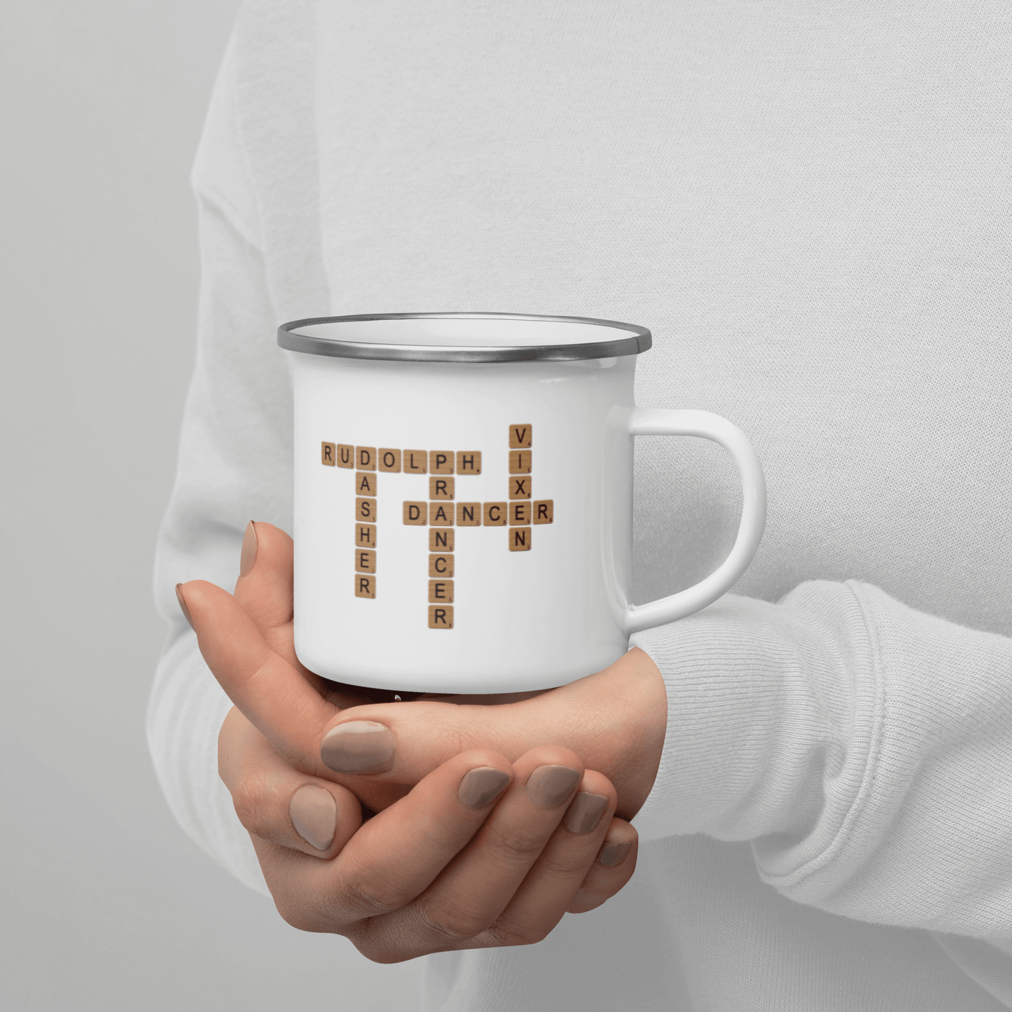 Custom Family Mug – Personalized Crossword Enamel Cup for Gifting displayed in hands with personalized names.