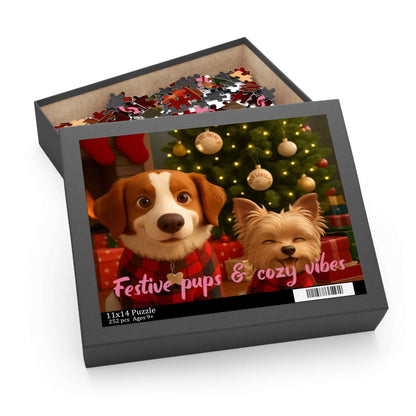 Keepsake 3D Cartoon Puzzle – Personalized Portrait with Illustrated Background featuring festive pups and cozy vibes.