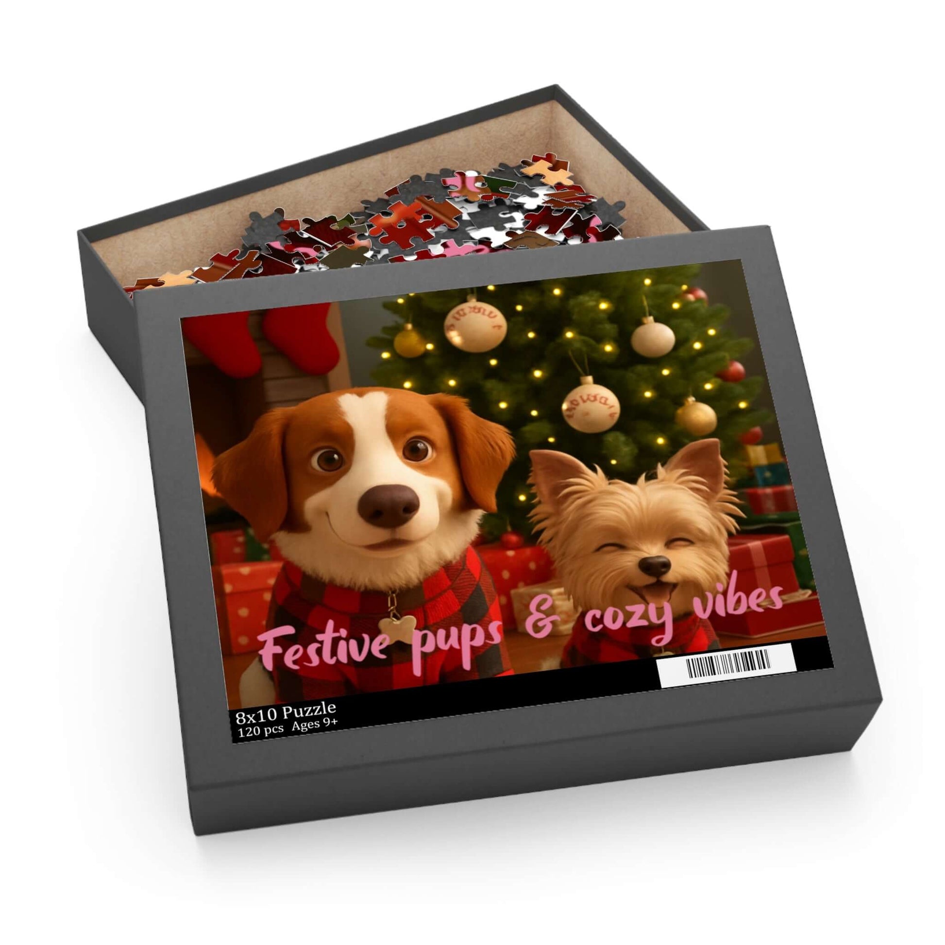 Keepsake 3D Cartoon Puzzle – Personalized Portrait with Illustrated Background featuring festive pups and cozy vibes.