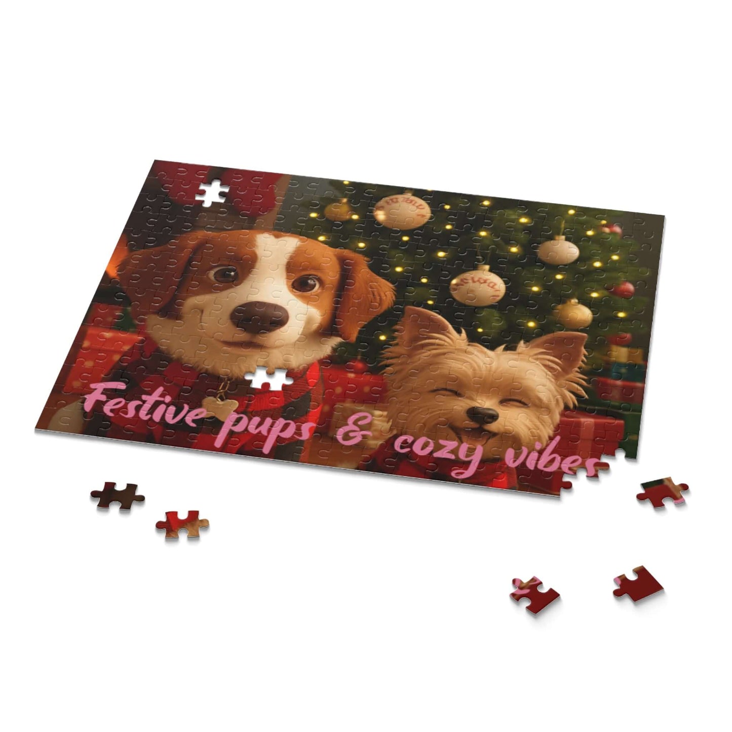 Keepsake 3D Cartoon Puzzle – Personalized Portrait with Illustrated Background featuring festive pups and cozy vibes.