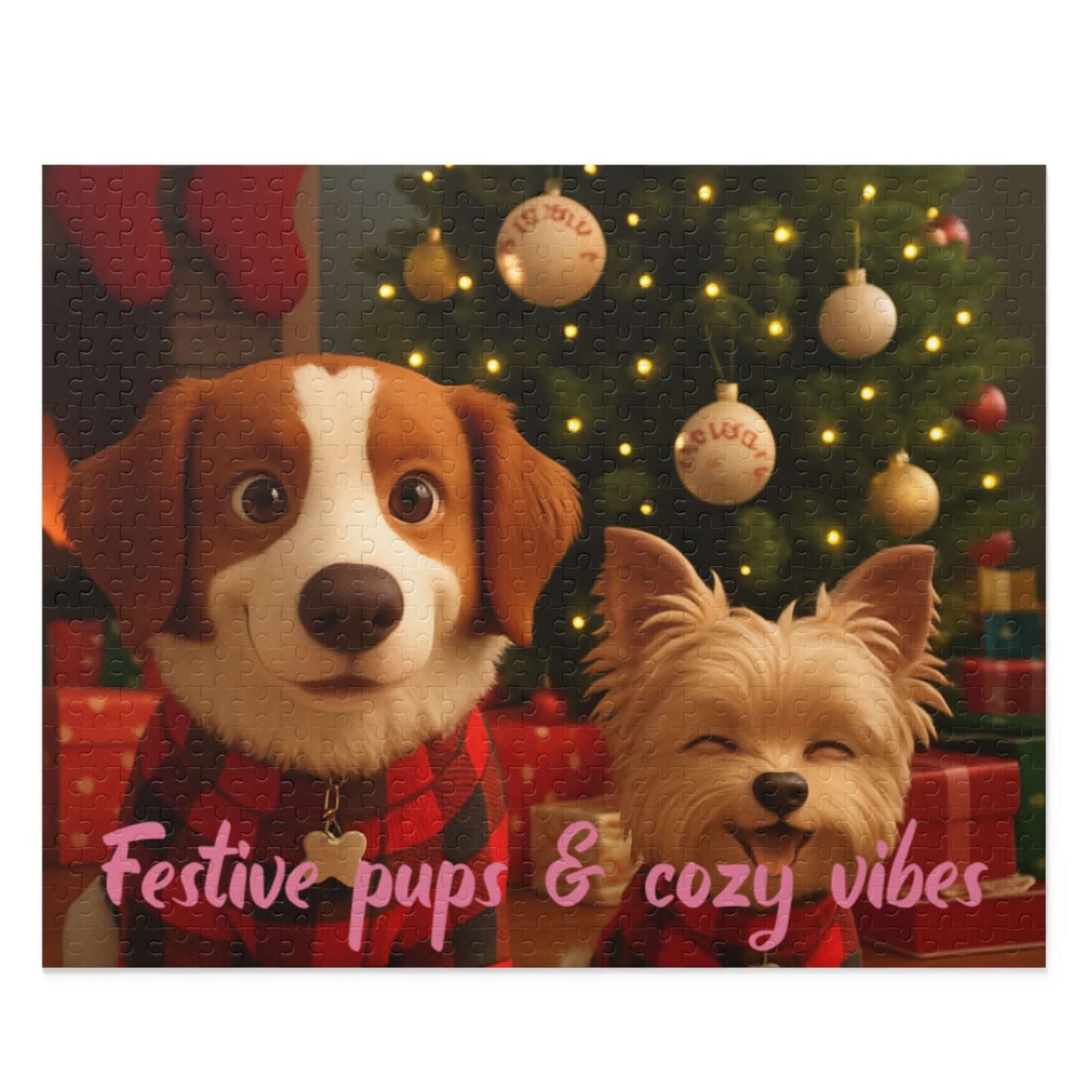 Keepsake 3D Cartoon Puzzle – Personalized Portrait with Illustrated Background featuring festive pups and a cozy background.