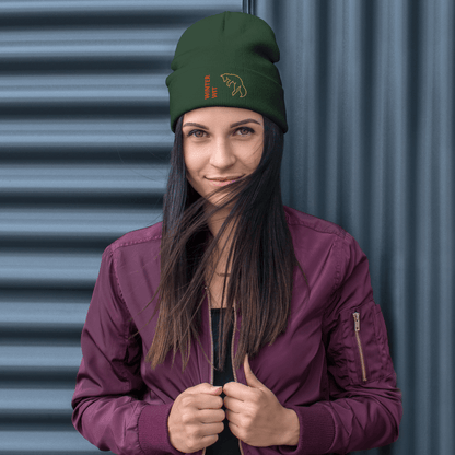 Fox Beanie – Embroidered Knit Hat with Custom Text worn by a smiling model against a textured background.