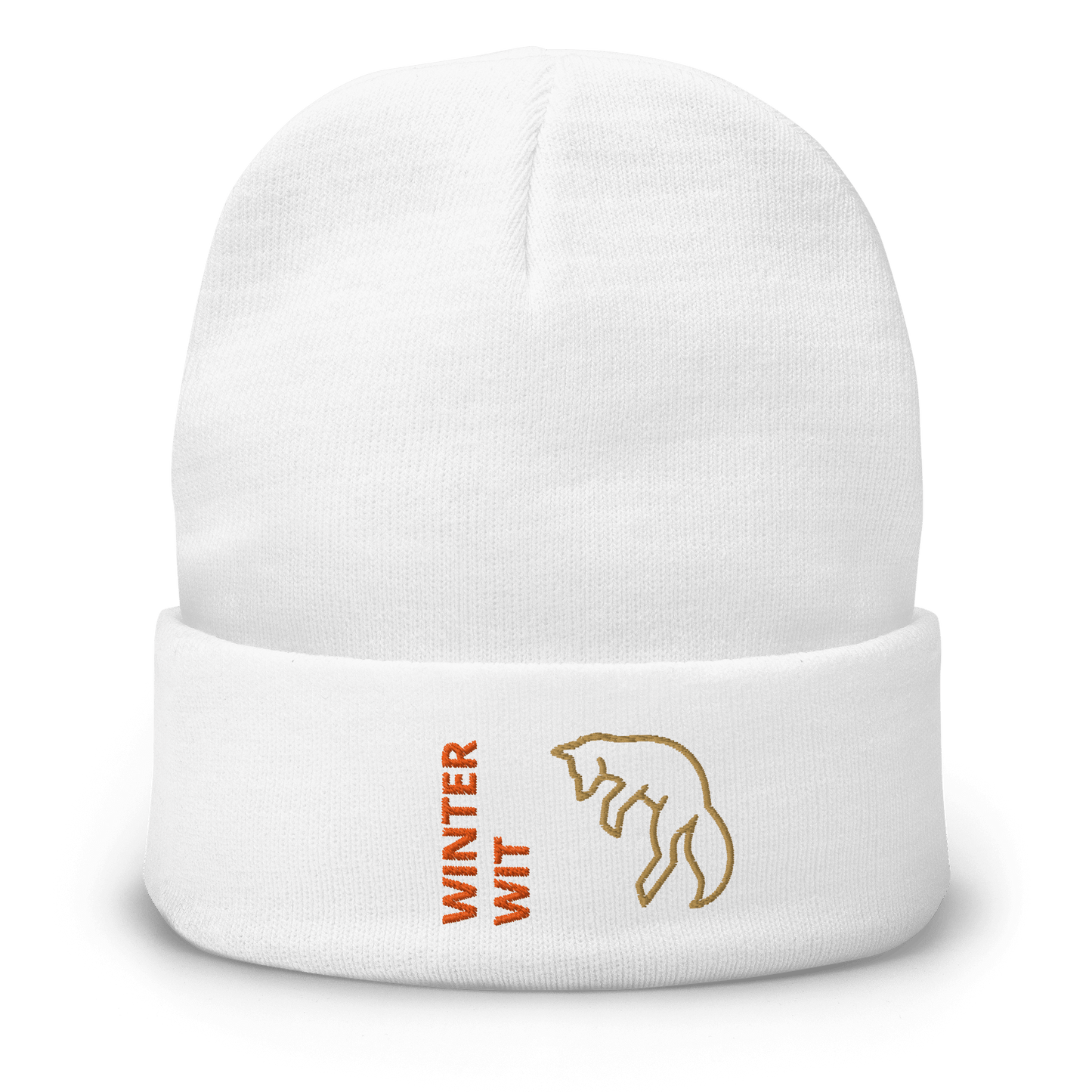 Fox Beanie – Embroidered Knit Hat with Custom Text featuring a playful fox design and text 'WINTER WIT'.