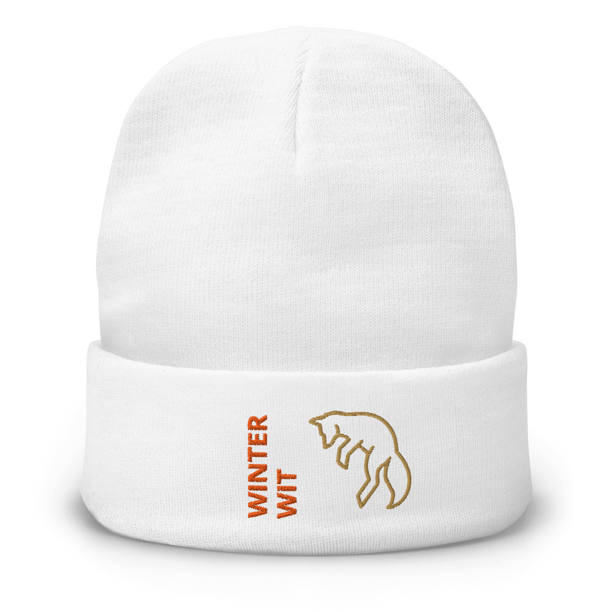 Fox Beanie – Embroidered Knit Hat with Custom Text featuring a playful fox design and text 'WINTER WIT'.