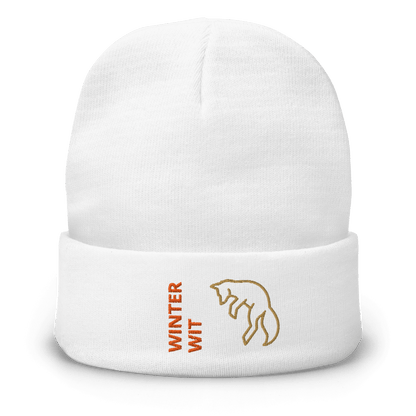 Fox Beanie – Embroidered Knit Hat with Custom Text featuring a playful fox design and text 'WINTER WIT'.