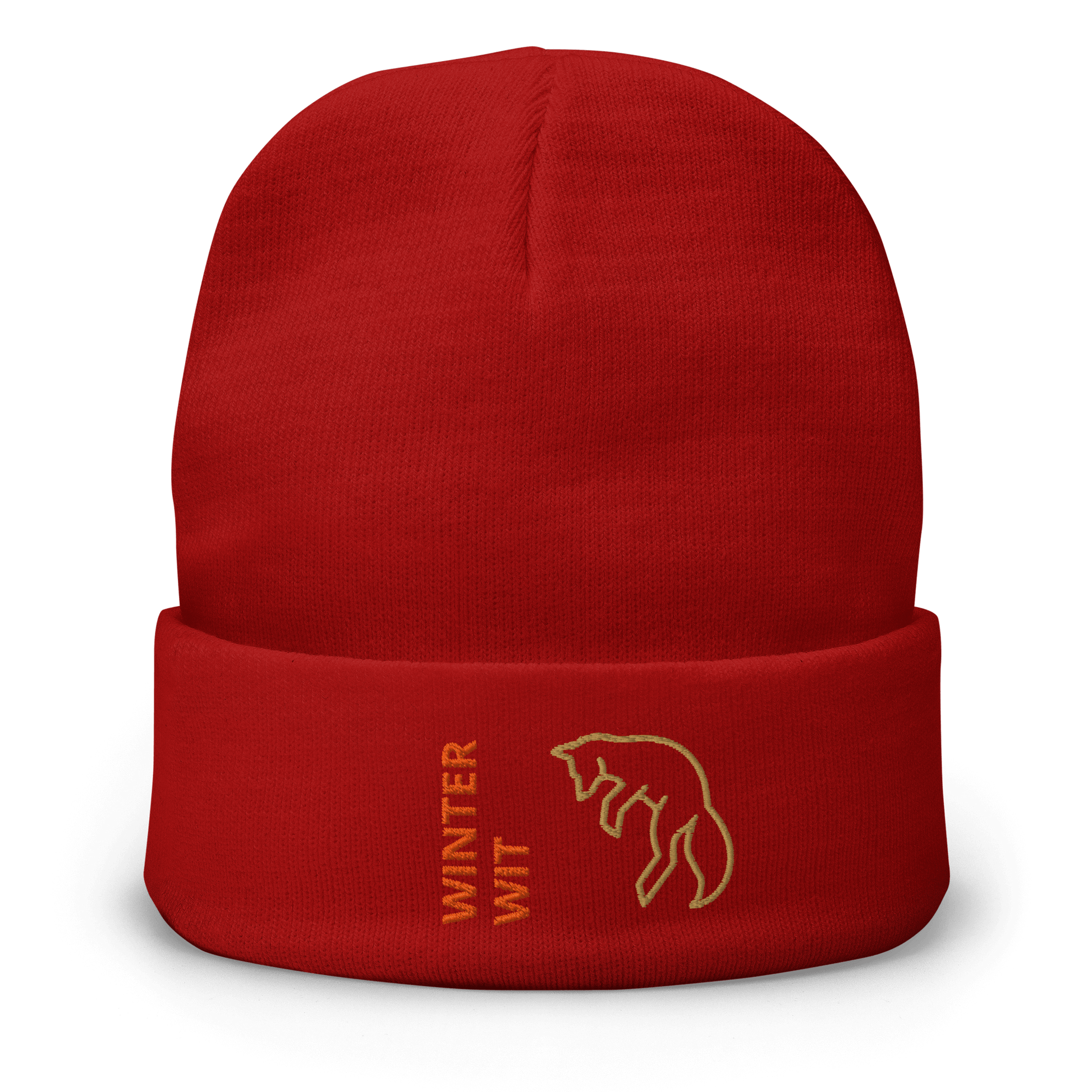 Fox Beanie – Embroidered Knit Hat with Custom Text featuring a bold red color and playful fox design.