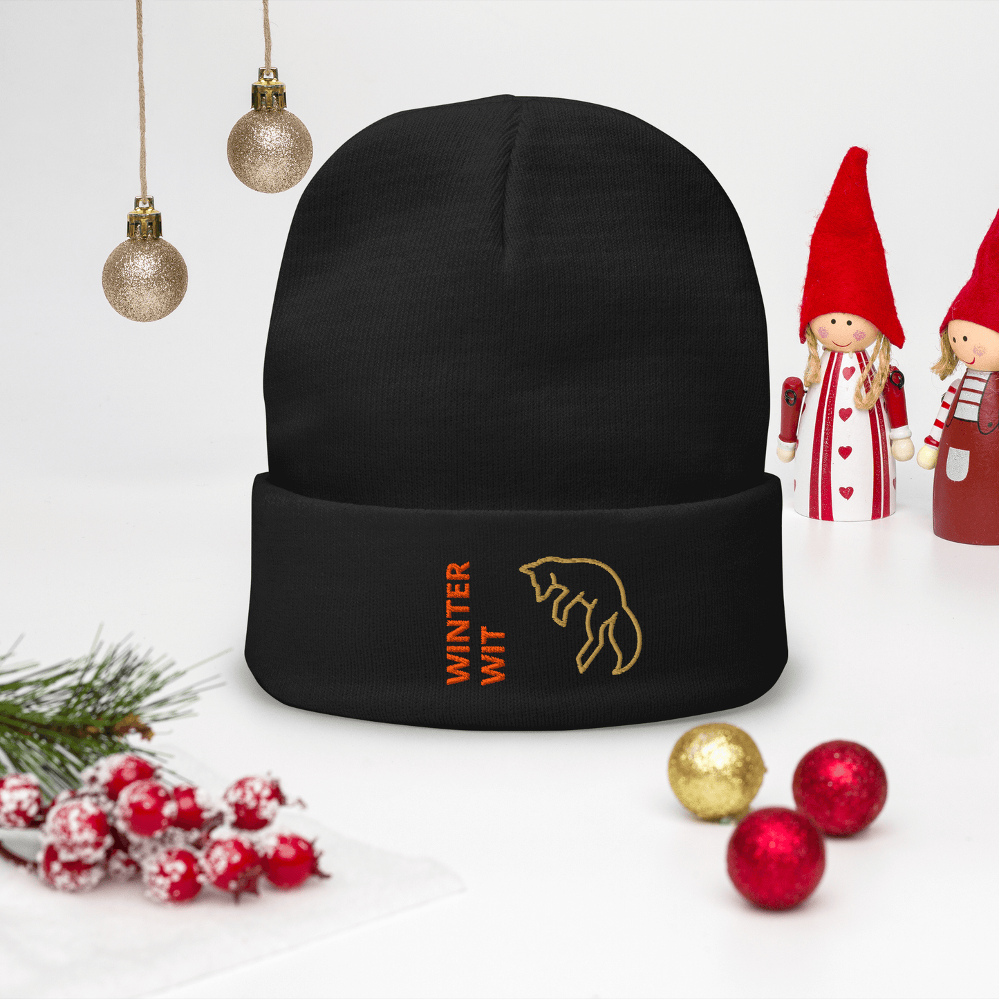 Fox Beanie – Embroidered Knit Hat with Custom Text displayed in a festive setting.