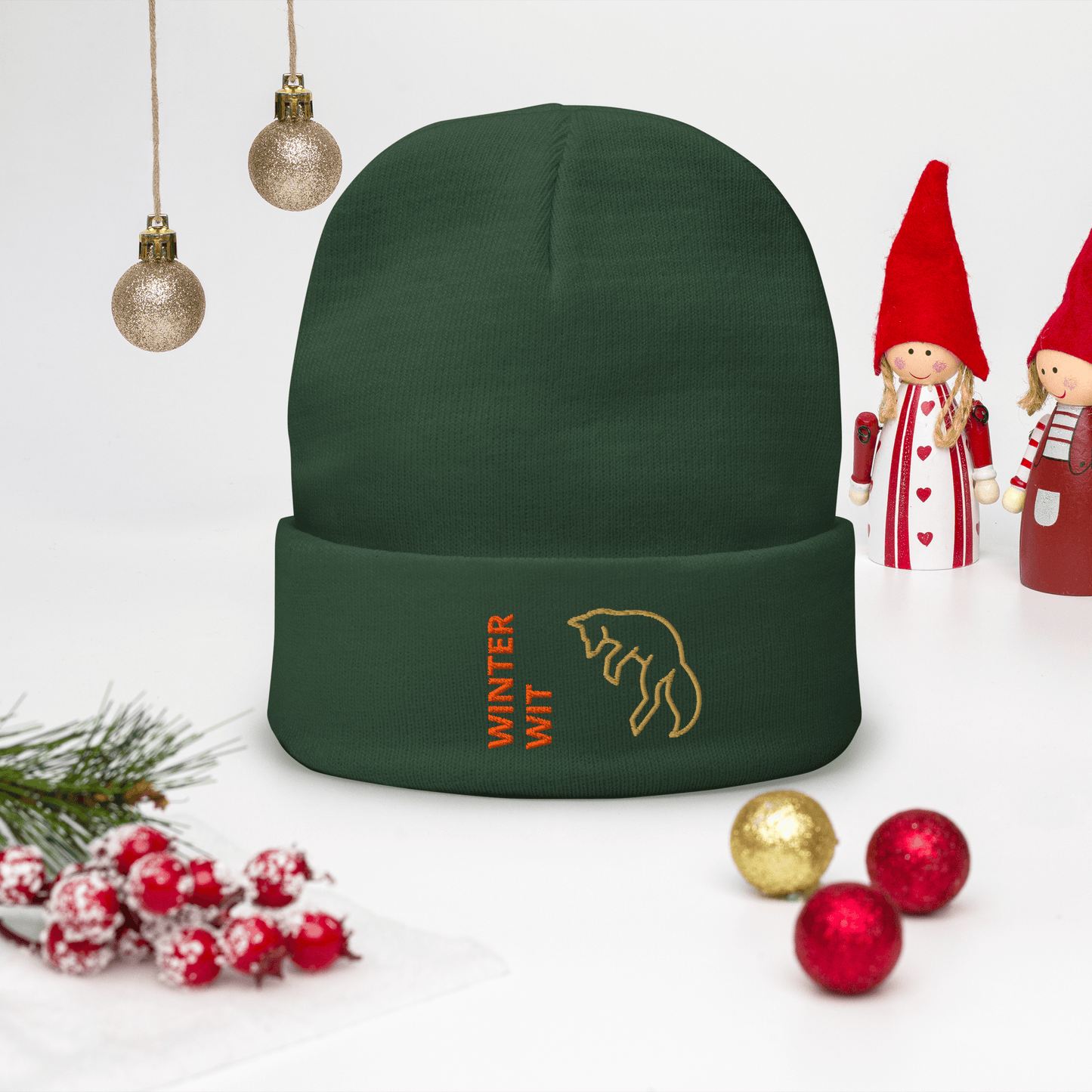 Fox Beanie – Embroidered Knit Hat with Custom Text displayed with festive decorations.