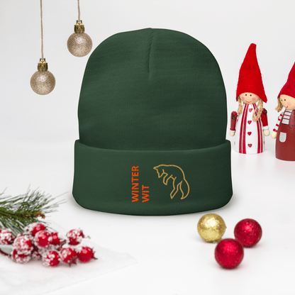 Fox Beanie – Embroidered Knit Hat with Custom Text displayed with festive decorations.