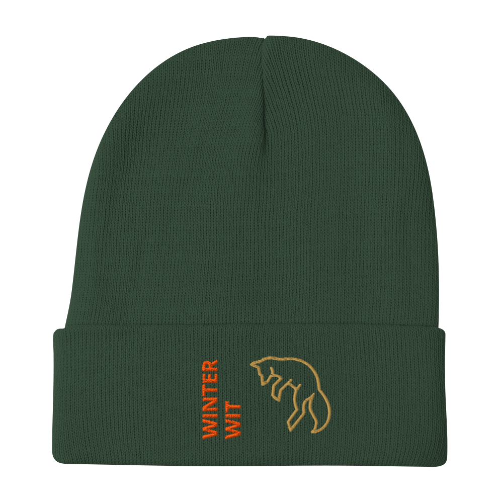 Fox Beanie – Embroidered Knit Hat with Custom Text featuring a playful fox design and 'WINTER WIT' slogan.