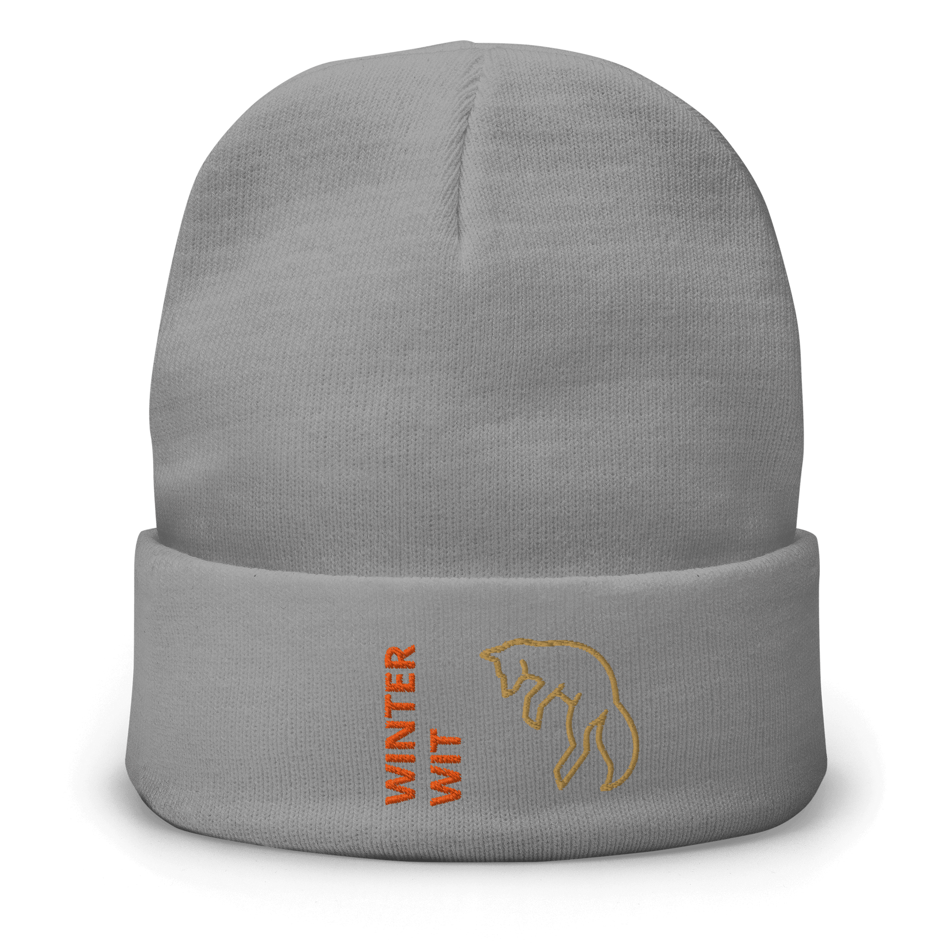 Fox Beanie – Embroidered Knit Hat with Custom Text featuring a playful fox design and the words 'Winter Wit'.