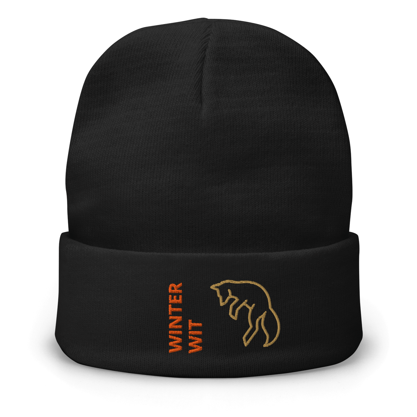 Fox Beanie – Embroidered Knit Hat with Custom Text featuring fox design and 'WINTER WIT' lettering.
