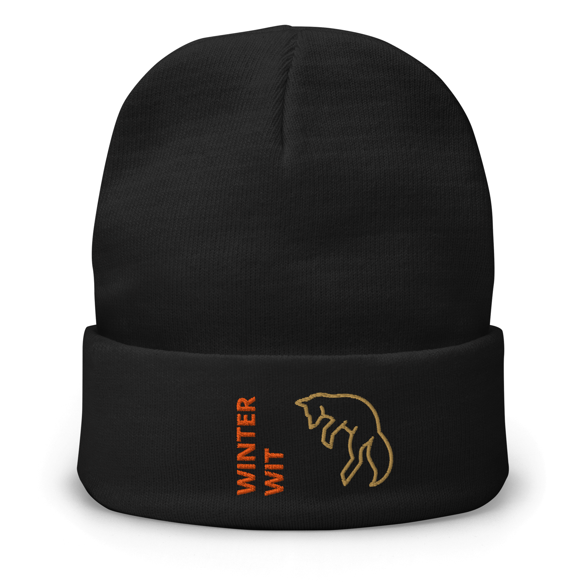 Fox Beanie – Embroidered Knit Hat with Custom Text featuring fox design and 'WINTER WIT' lettering.
