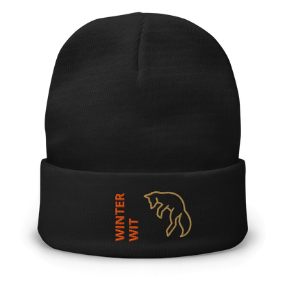 Fox Beanie – Embroidered Knit Hat with Custom Text featuring fox design and 'WINTER WIT' lettering.