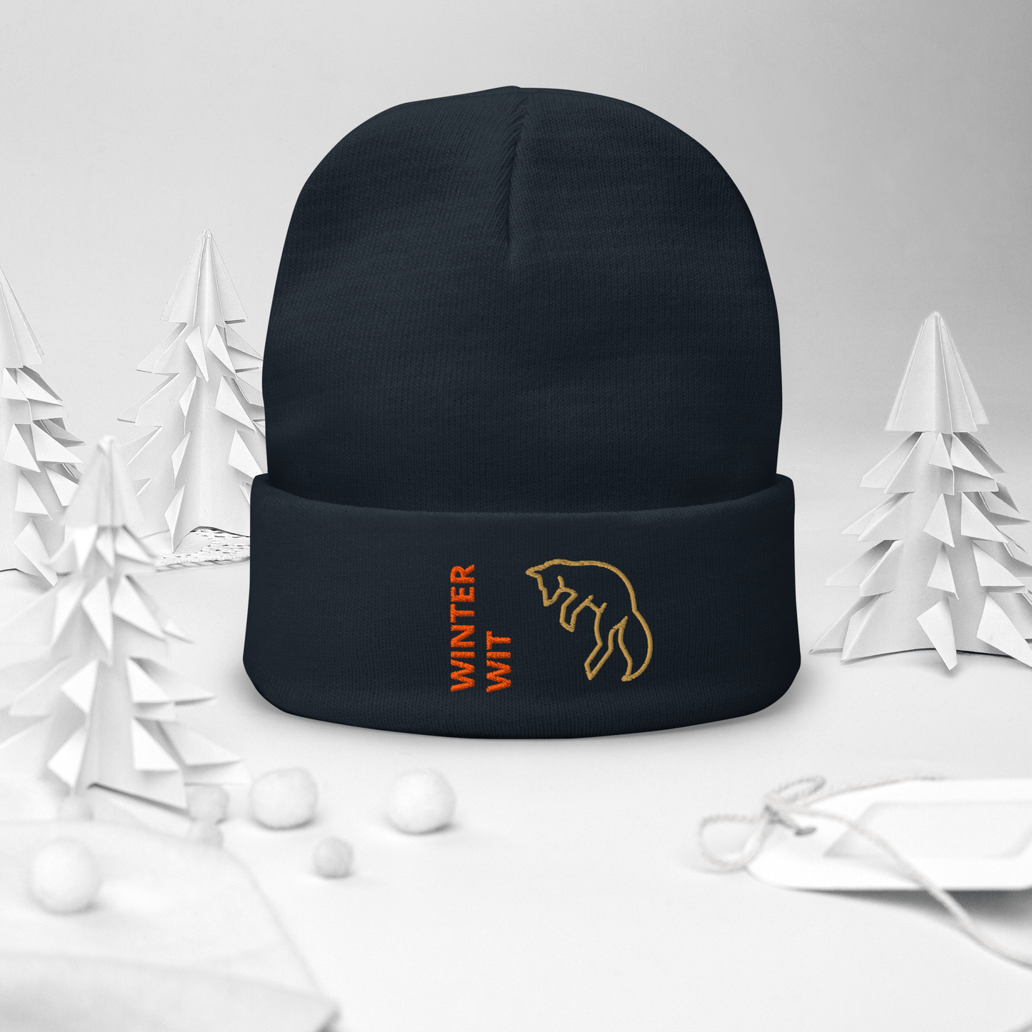 Fox Beanie – Embroidered Knit Hat with Custom Text displayed on a cozy navy winter hat.