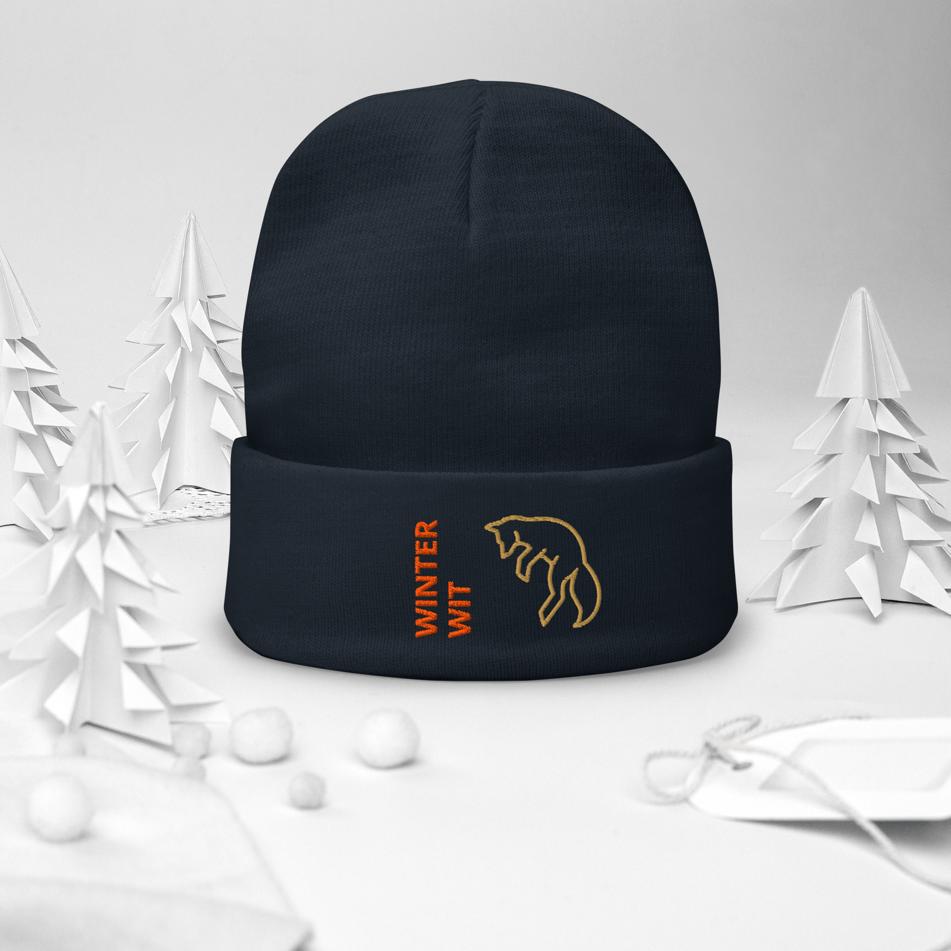 Fox Beanie – Embroidered Knit Hat with Custom Text displayed on a cozy navy winter hat.