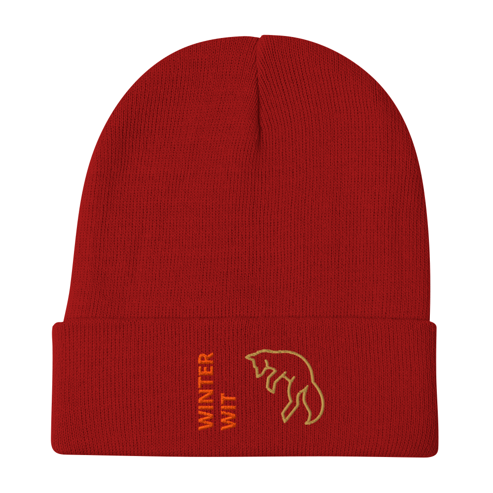 Fox Beanie – Embroidered Knit Hat with Custom Text in red featuring a fox and 'WINTER WIT' embroidered design.