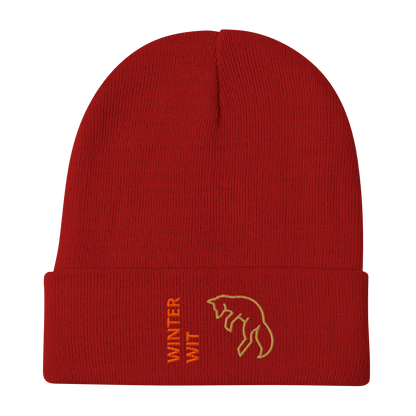 Fox Beanie – Embroidered Knit Hat with Custom Text in red featuring a fox and 'WINTER WIT' embroidered design.