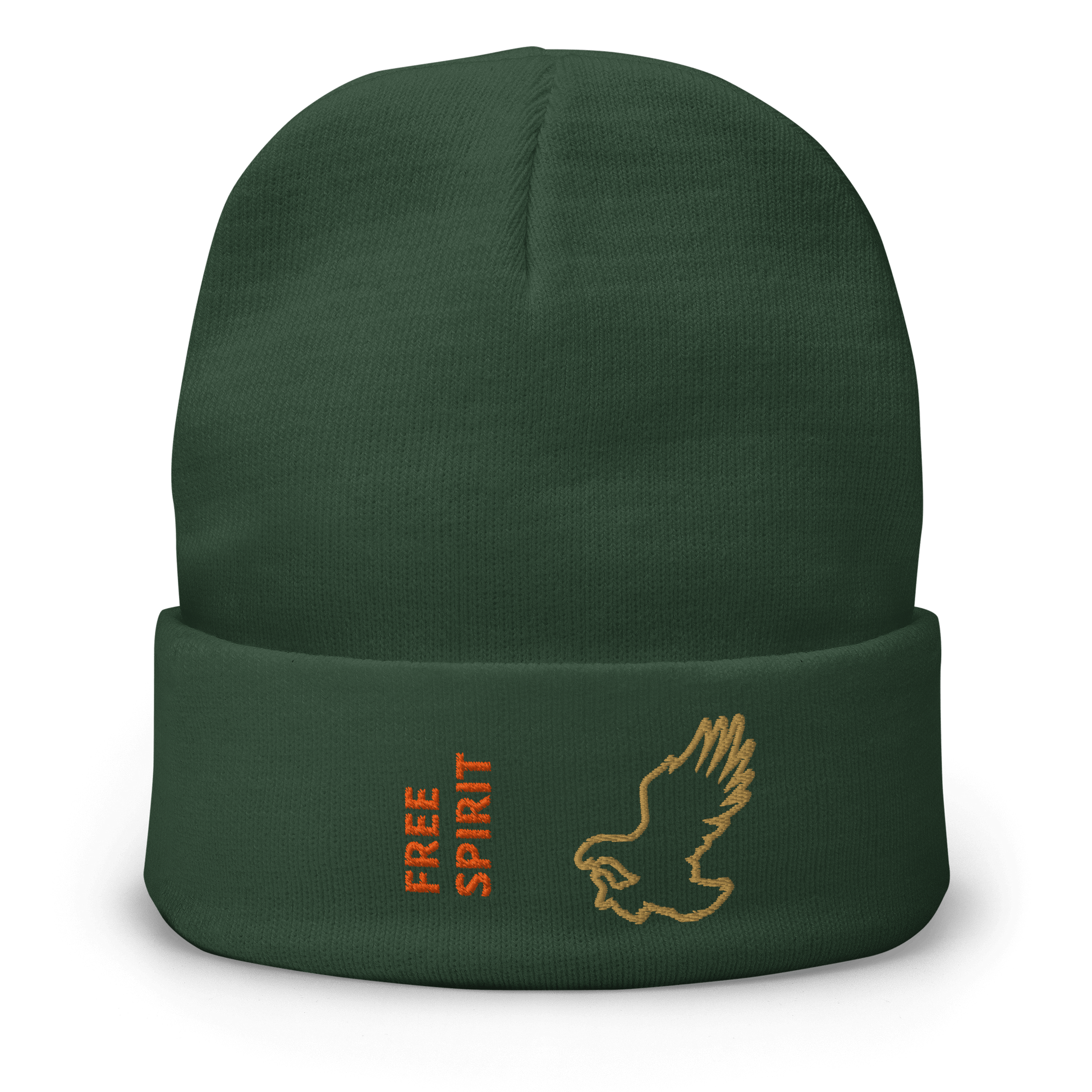 Eagle Beanie – Embroidered Knit Hat with Custom Text featuring a golden eagle and the words 'FREE SPIRIT'.
