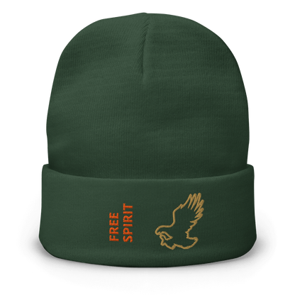 Eagle Beanie – Embroidered Knit Hat with Custom Text featuring a golden eagle and the words 'FREE SPIRIT'.