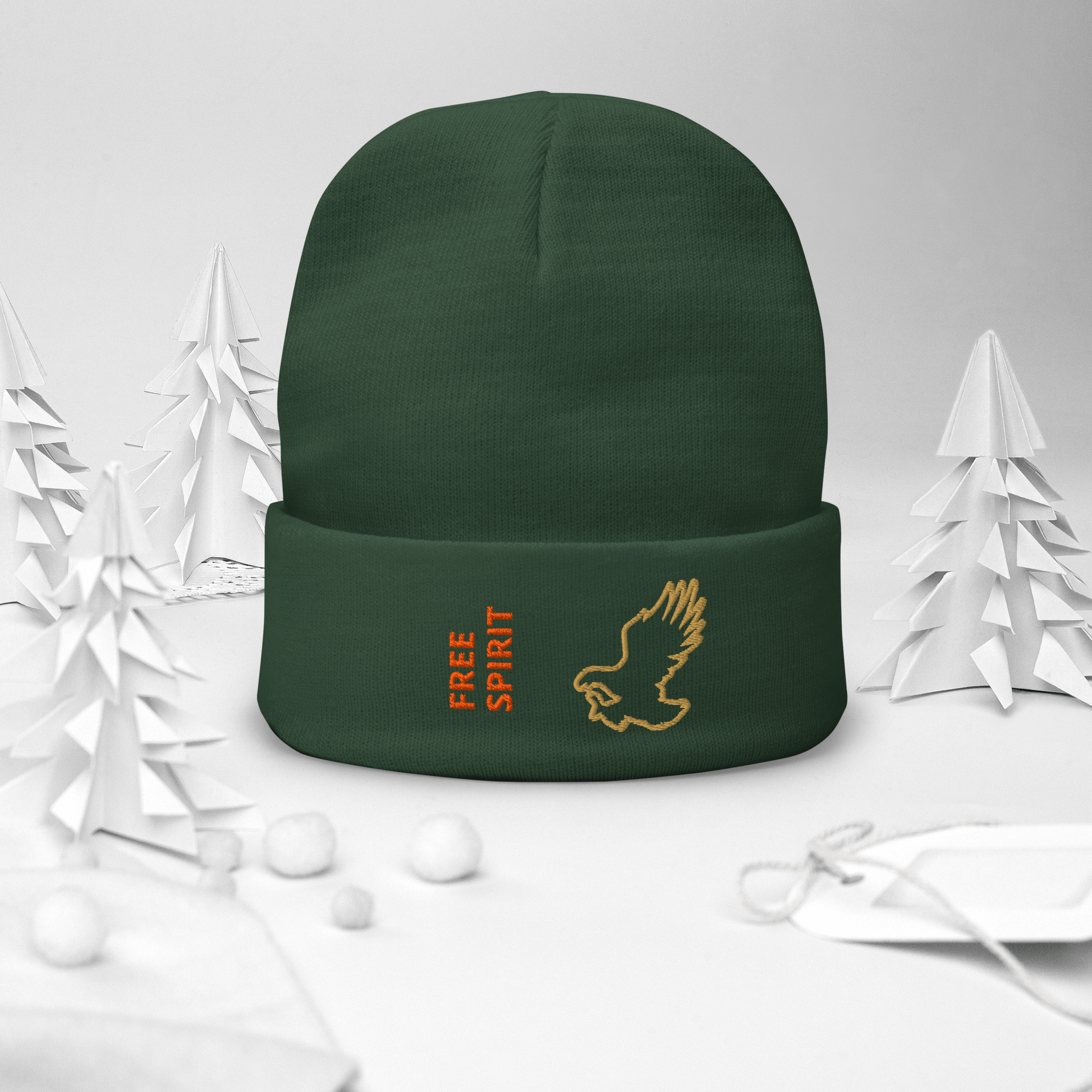 Eagle Beanie – Embroidered Knit Hat with Custom Text featuring a 'Free Spirit' design and an eagle silhouette.