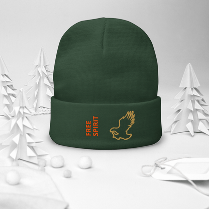 Eagle Beanie – Embroidered Knit Hat with Custom Text featuring a 'Free Spirit' design and an eagle silhouette.