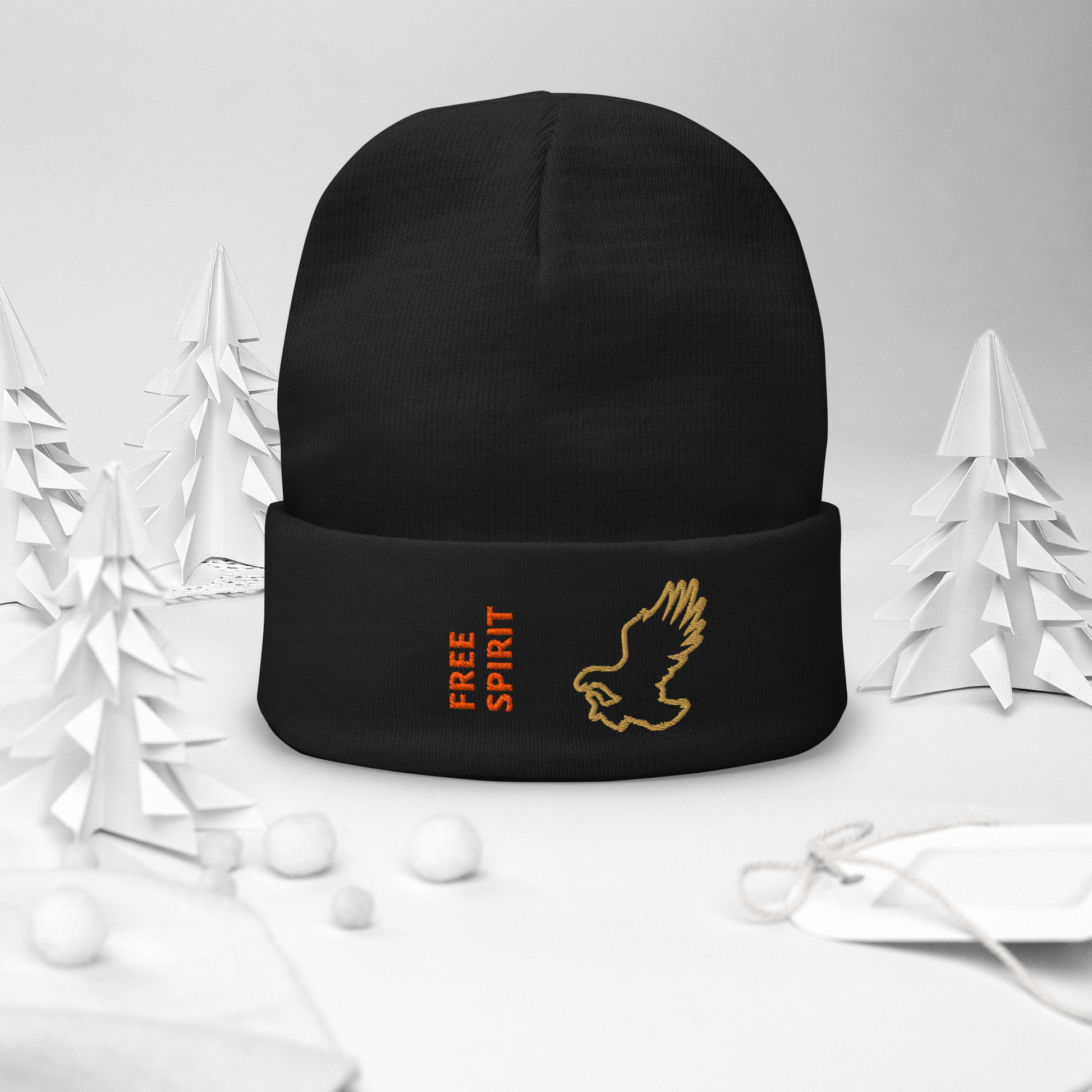 Eagle Beanie – Embroidered Knit Hat with Custom Text displayed on a black background with festive trees.
