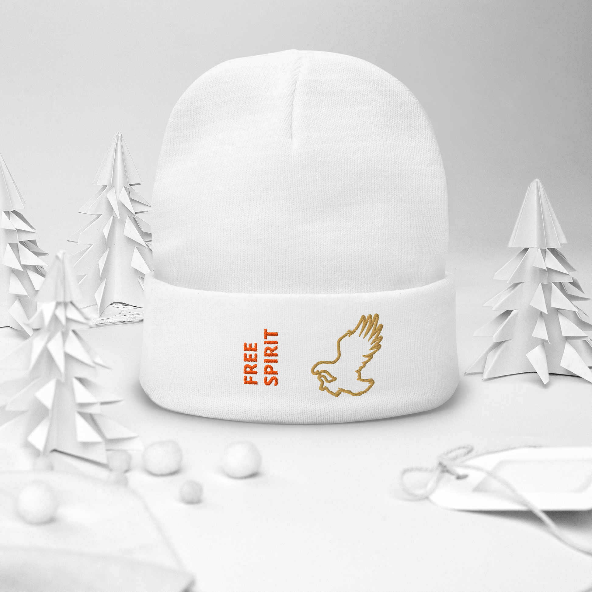 Eagle Beanie – Embroidered Knit Hat with Custom Text featuring a vintage design of a bird and "FREE SPIRIT" text.