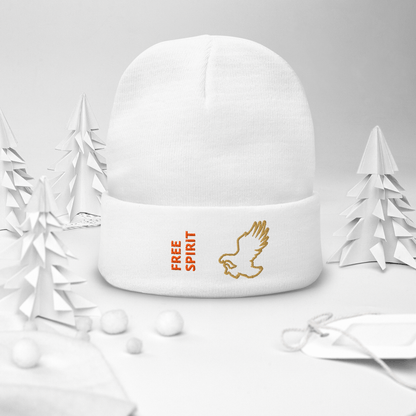 Eagle Beanie – Embroidered Knit Hat with Custom Text featuring a vintage design of a bird and "FREE SPIRIT" text.