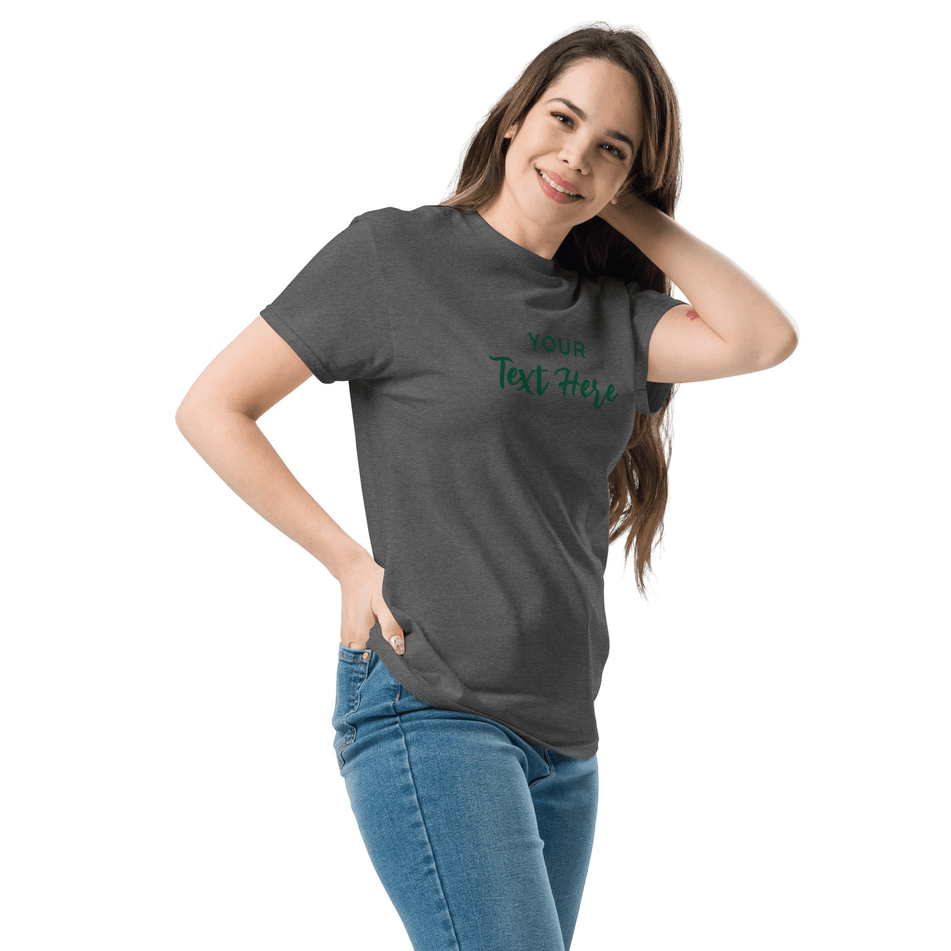 Freestyle Unisex T-Shirt – Upload Photos, Add Text & Emojis Your Way with customizable text on a gray shirt.