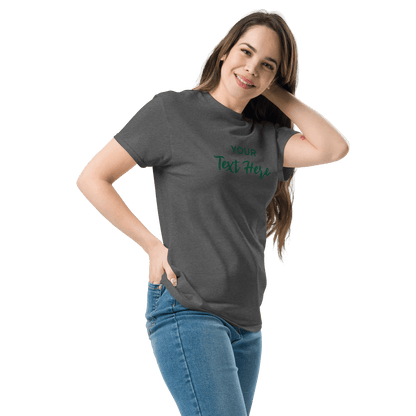 Freestyle Unisex T-Shirt – Upload Photos, Add Text & Emojis Your Way with customizable text on a gray shirt.